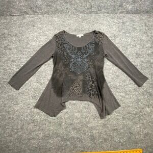 Entity Womens Gray Graphic Sharkbite Hem Long Sleeve Top Animal Print Size L USA